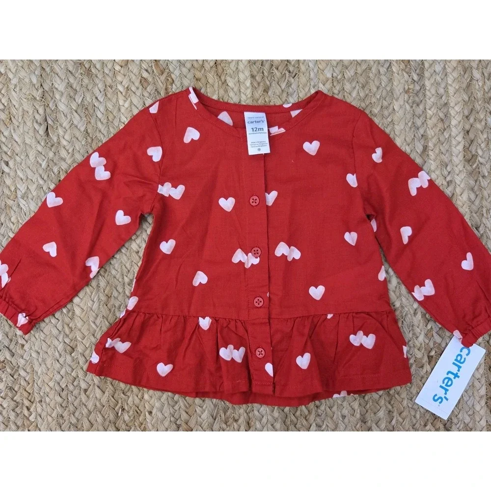 Carter's Baby Girl Size 12 Months 100% Cotton Red Hearts‎ Blouse NWT